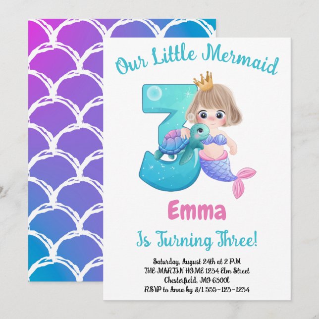 Invitación a la fiesta de cumpleaños de Sirena (Anverso / Reverso)