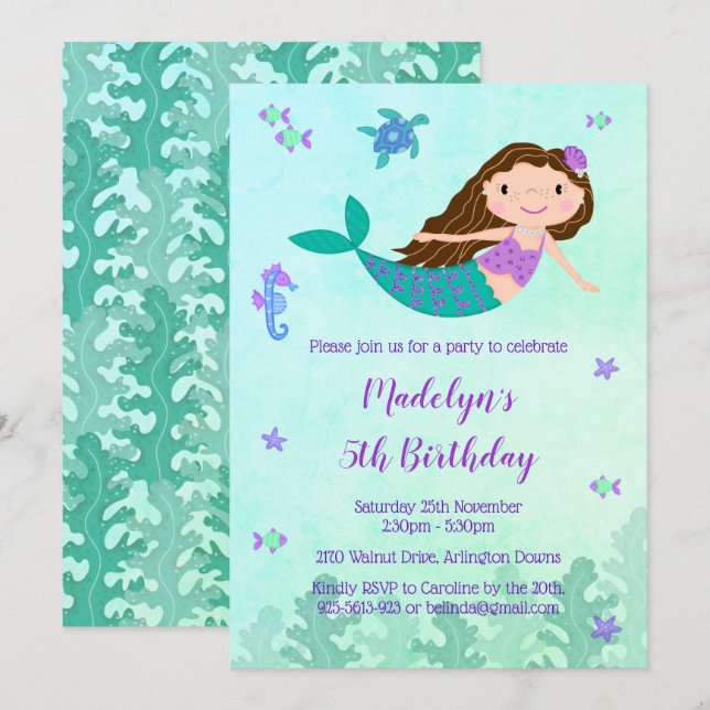 Invitación a la fiesta de cumpleaños de Sirena baj (Anverso / Reverso)