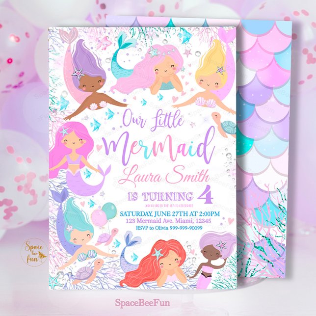 Invitación a la fiesta de cumpleaños de Sirena baj (Mermaid,Birthday Party,Invitation mermaid,Sea Mermaid,Party invite,Under The Sea,Pool Magical party,)