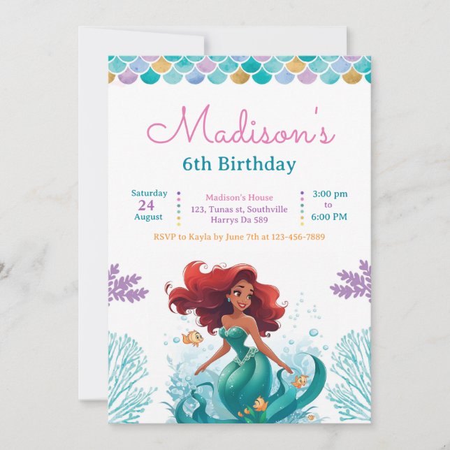 Invitación a la fiesta de cumpleaños de Sirena baj (Anverso)