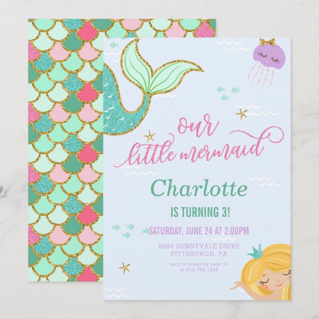 Invitación a la fiesta de cumpleaños de Sirena - P (Anverso / Reverso)