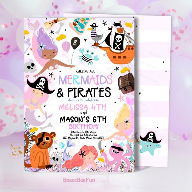 Invitación a la fiesta de cumpleaños de Sirena y P (Mermaid And Pirate,Birthday Party,Invitation Sibling's birthday party,Sea Mermaid,Party invite,Under)