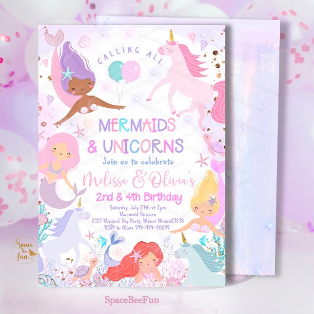 Invitación a la fiesta de cumpleaños de Sirena y U (Mermaid and Unicorn magical,Birthday Party,Invitation mermaid,Sea Mermaid,Party invite,Under The Sea)