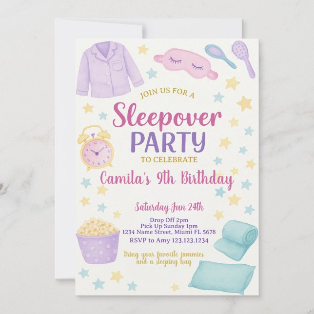 Invitación a la fiesta de cumpleaños de Sleepover  (Anverso)