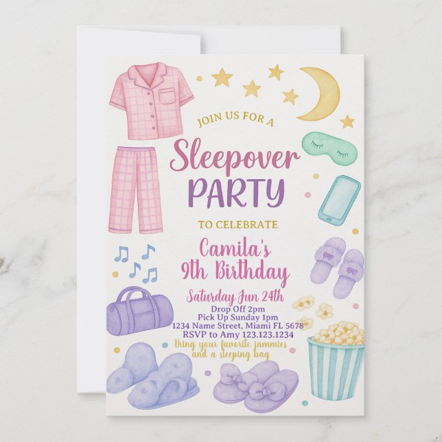 Invitación a la fiesta de cumpleaños de Sleepover  (Anverso)
