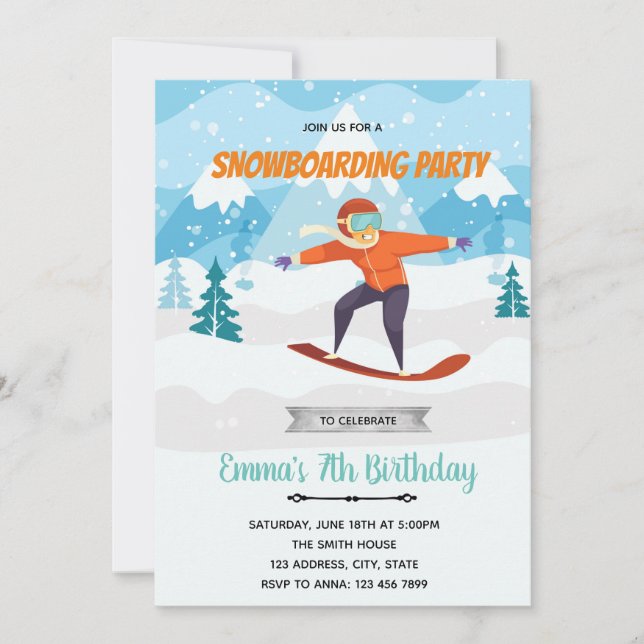 Invitación a la fiesta de cumpleaños de Snowboard (Anverso)