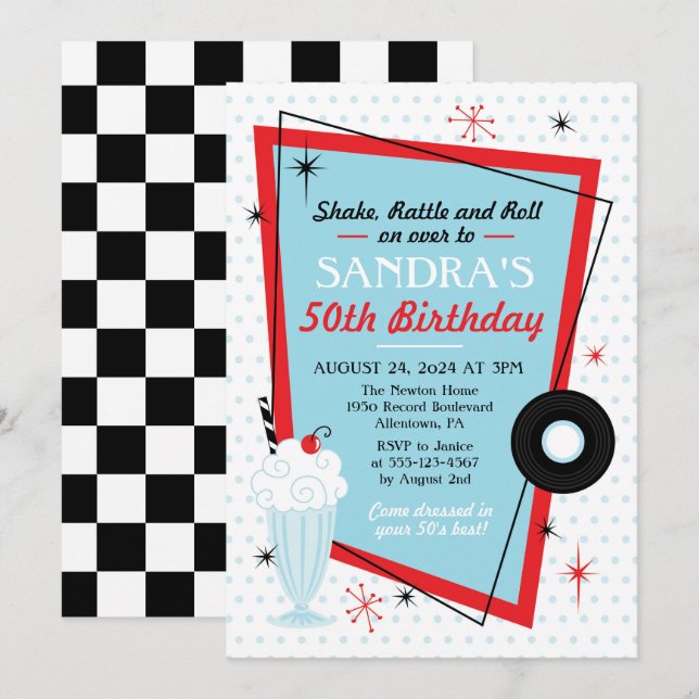 Invitación a la fiesta de cumpleaños de Sock Hop d (Anverso / Reverso)