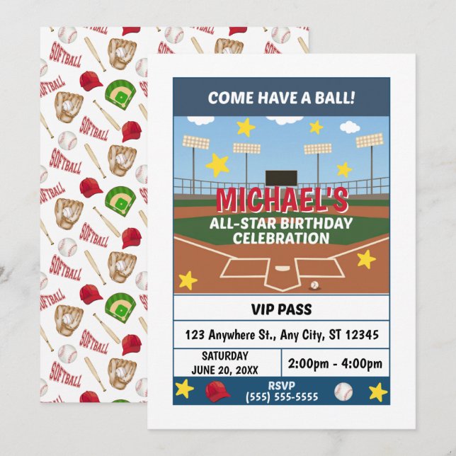 Invitación a la Fiesta de Cumpleaños de Softbol (Anverso / Reverso)