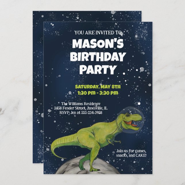 Invitación a la fiesta de cumpleaños de Space Dino (Anverso / Reverso)