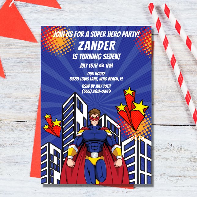Invitación a la fiesta de cumpleaños de Supehero S (Supehero Skyline Boy Birthday Party Invitation)