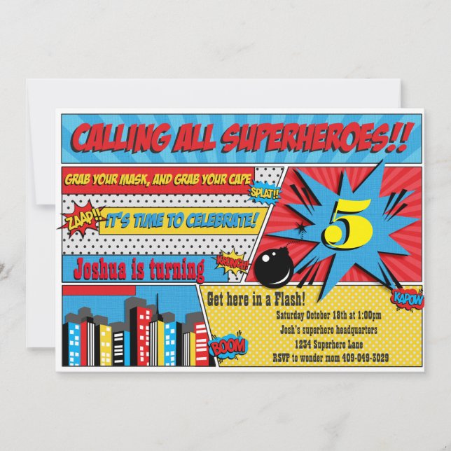 Invitación a la fiesta de cumpleaños de superhéroe (Anverso)