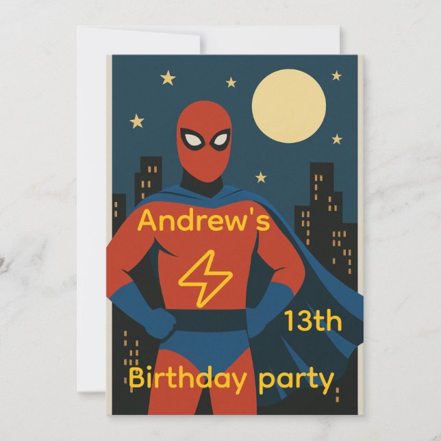 Invitación a la fiesta de cumpleaños de superhéroe (Anverso)