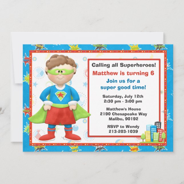 Invitación a la fiesta de cumpleaños de superhéroe (Anverso)