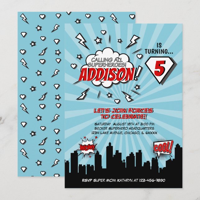 Invitación a la fiesta de cumpleaños de Superheroí (Anverso / Reverso)