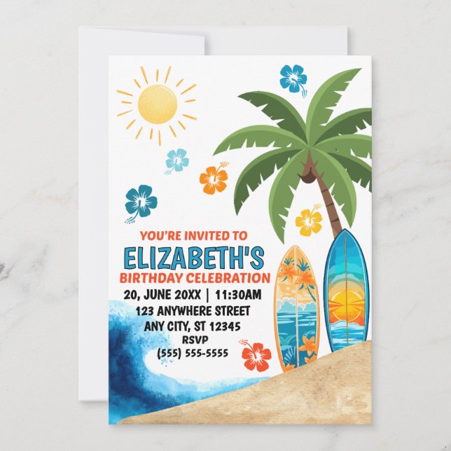 Invitación a la Fiesta de Cumpleaños de Surf (Anverso)