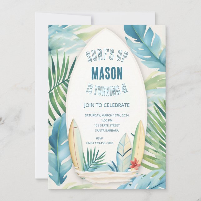 Invitación a la fiesta de cumpleaños de Surf en az (Anverso)