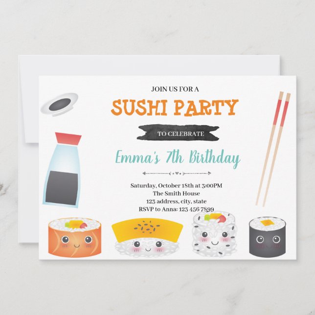 Invitación a la fiesta de cumpleaños de sushi (Anverso)