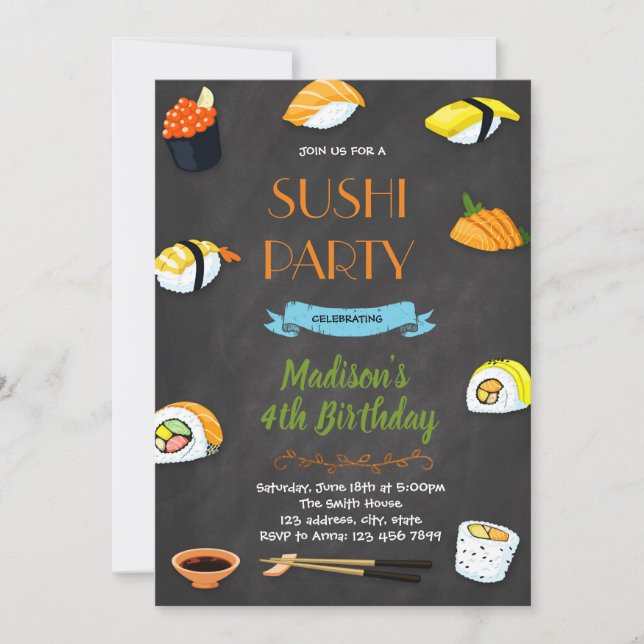 Invitación a la fiesta de cumpleaños de Sushi (Anverso)