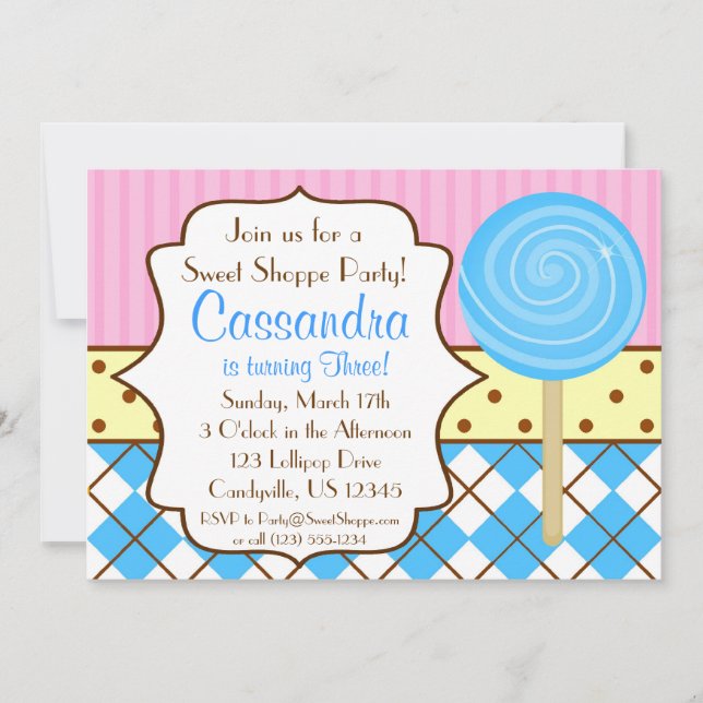 Invitación a la fiesta de cumpleaños de Sweet Shop (Anverso)