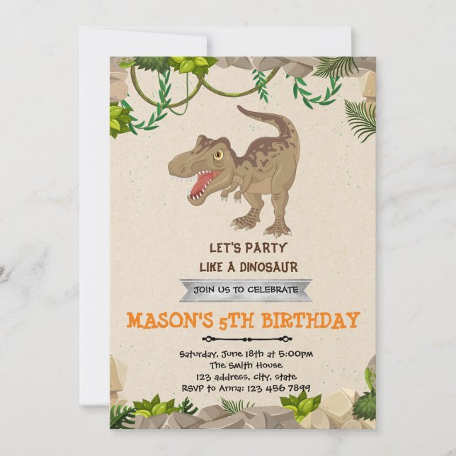 Invitación a la fiesta de cumpleaños de t-rex (Anverso)