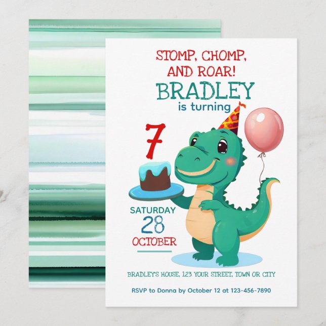 Invitación a la fiesta de cumpleaños de T Rex Dino (Anverso / Reverso)