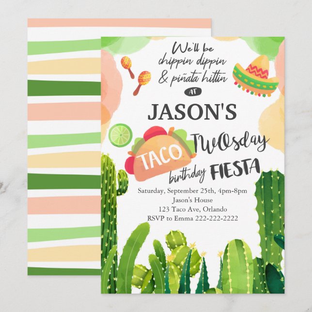 Invitación a la Fiesta de Cumpleaños de Taco en 20 (Anverso / Reverso)