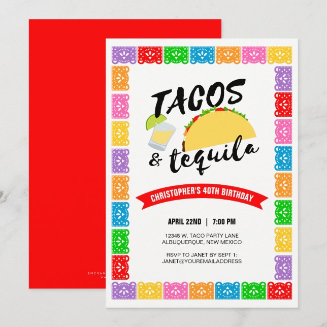 Invitación a la fiesta de cumpleaños de Tacos y Te (Anverso / Reverso)