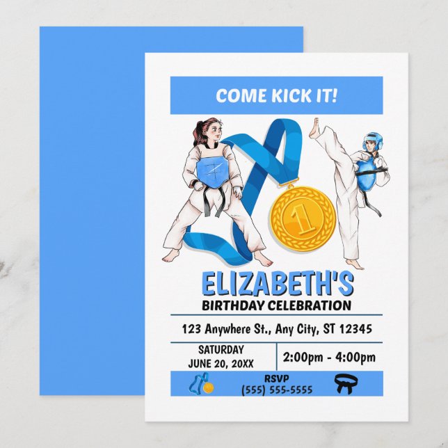 Invitación a la Fiesta de Cumpleaños de Taekwondo  (Anverso / Reverso)
