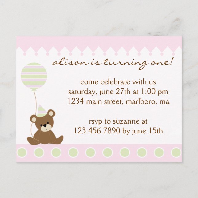 Invitación a la fiesta de cumpleaños de Teddy Bear (Anverso)