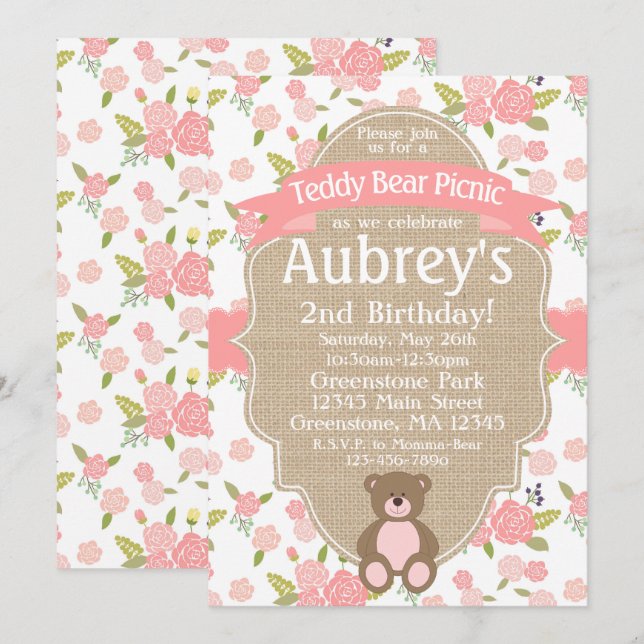 Invitación a la fiesta de cumpleaños de Teddy Bear (Anverso / Reverso)