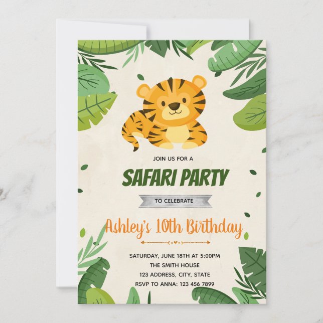 Invitación a la fiesta de cumpleaños de tigre (Anverso)