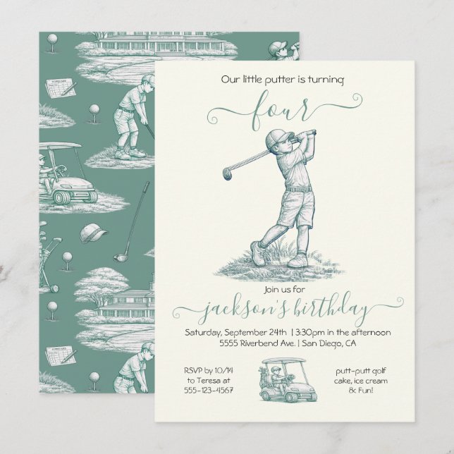 Invitación a la Fiesta de Cumpleaños de Toile Golf (Anverso / Reverso)