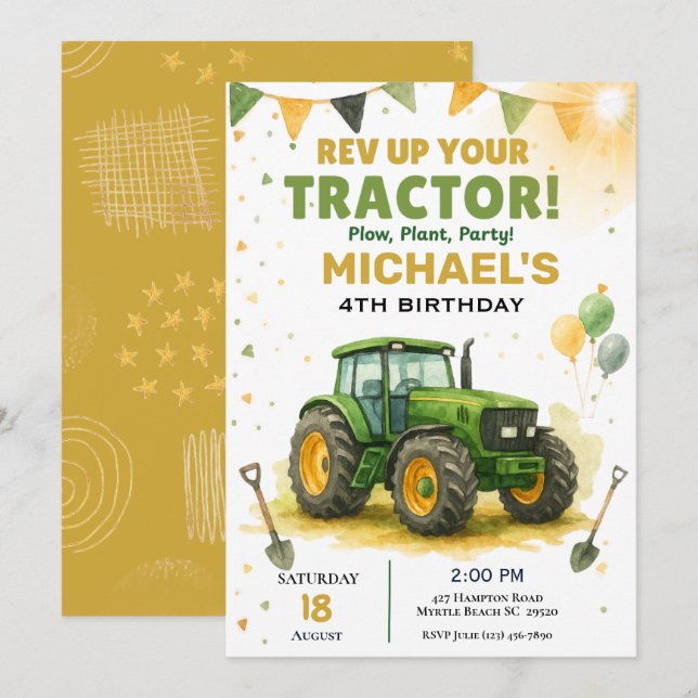 Invitación a la fiesta de cumpleaños de Tractor (Anverso / Reverso)