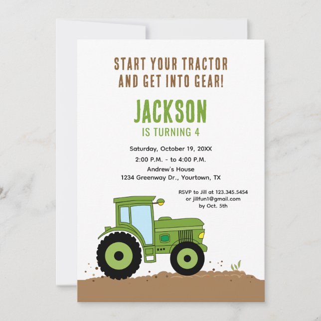 Invitación a la fiesta de cumpleaños de Tractor en (Anverso)