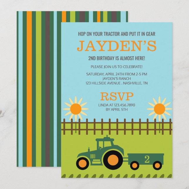 Invitación a la fiesta de cumpleaños de Tractor/Gr (Anverso / Reverso)
