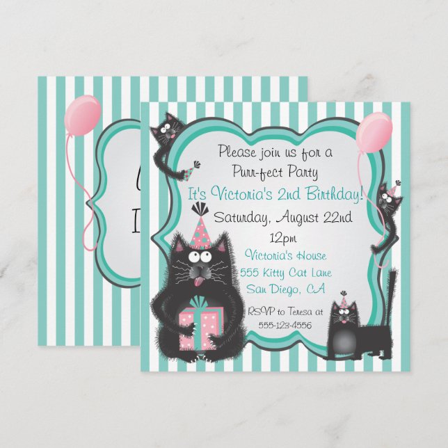 Invitación a la fiesta de cumpleaños de un gato ki (Anverso / Reverso)