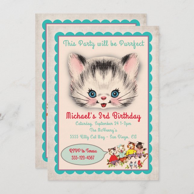 Invitación a la fiesta de cumpleaños de un gato ki (Anverso / Reverso)