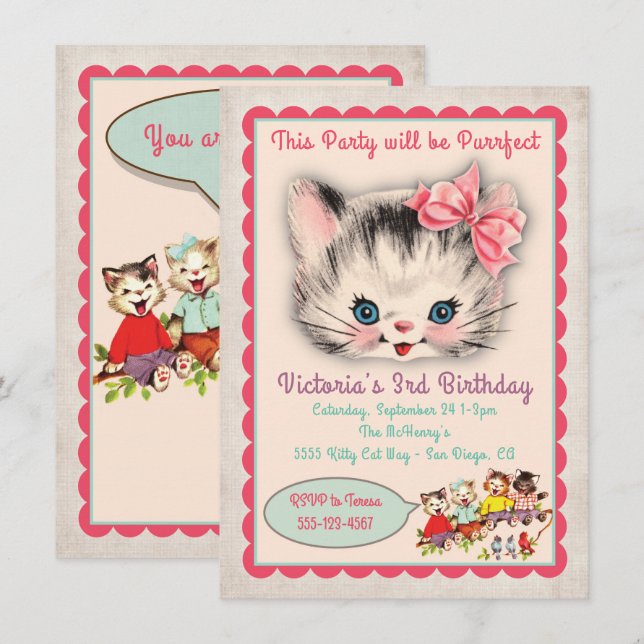 Invitación a la fiesta de cumpleaños de un gato ki (Anverso / Reverso)