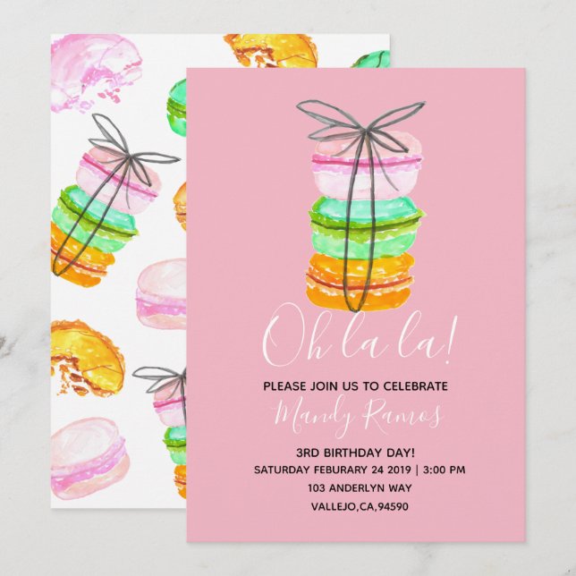 Invitación a la fiesta de cumpleaños de un macarón (Anverso / Reverso)