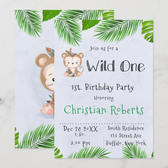 Invitación a la fiesta de cumpleaños de un mono bo (Anverso / Reverso)