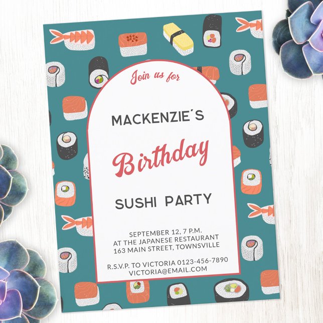 Invitación a la fiesta de cumpleaños de un sushi d (Fun Japanese sushi food art themed birthday party invitation  postcard with personalized custom text)