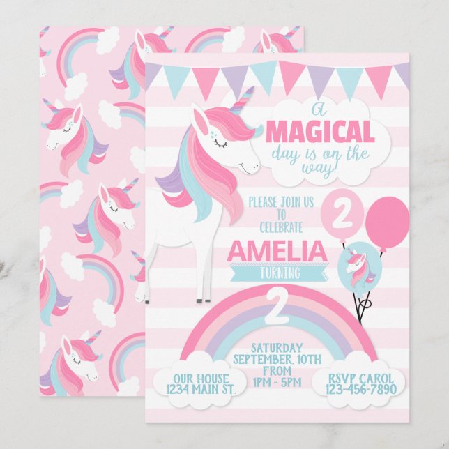 Invitación a la fiesta de cumpleaños de Unicorn (Anverso / Reverso)