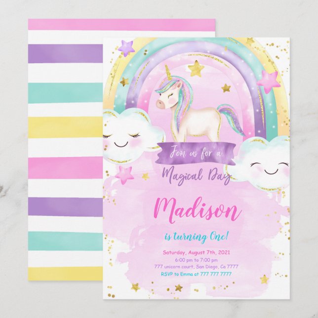 Invitación a la fiesta de cumpleaños de Unicorn (Anverso / Reverso)