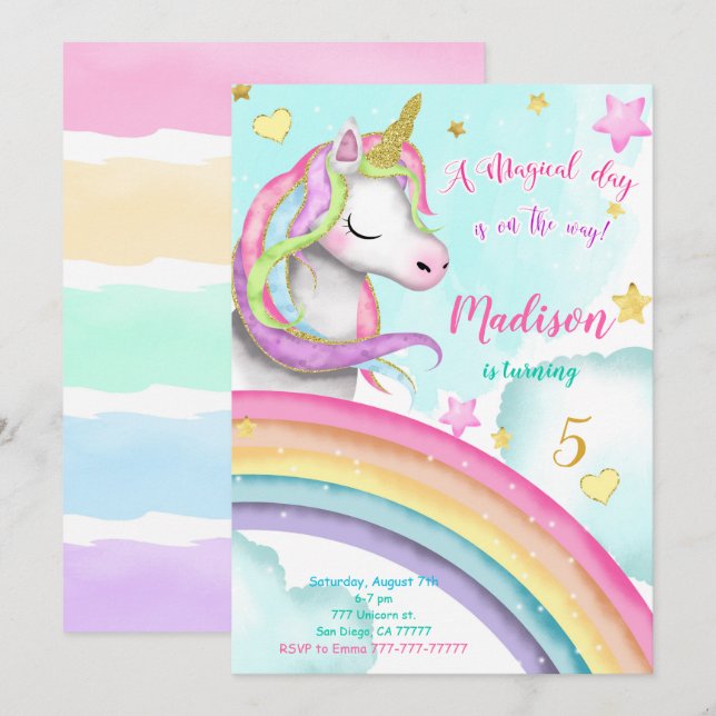 Invitación a la fiesta de cumpleaños de Unicorn (Anverso / Reverso)