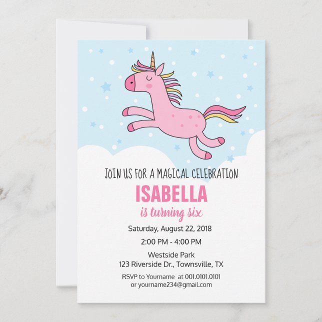 Invitación a la fiesta de cumpleaños de Unicorn (Anverso)