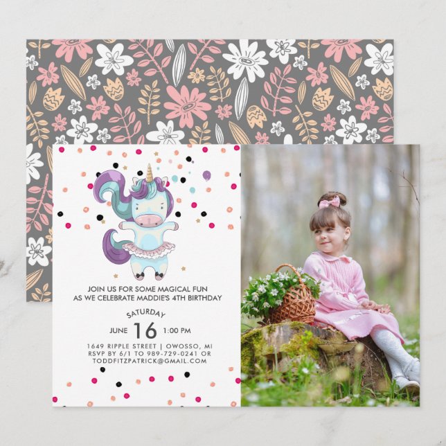 Invitación a la fiesta de cumpleaños de Unicorn Ba (Anverso / Reverso)