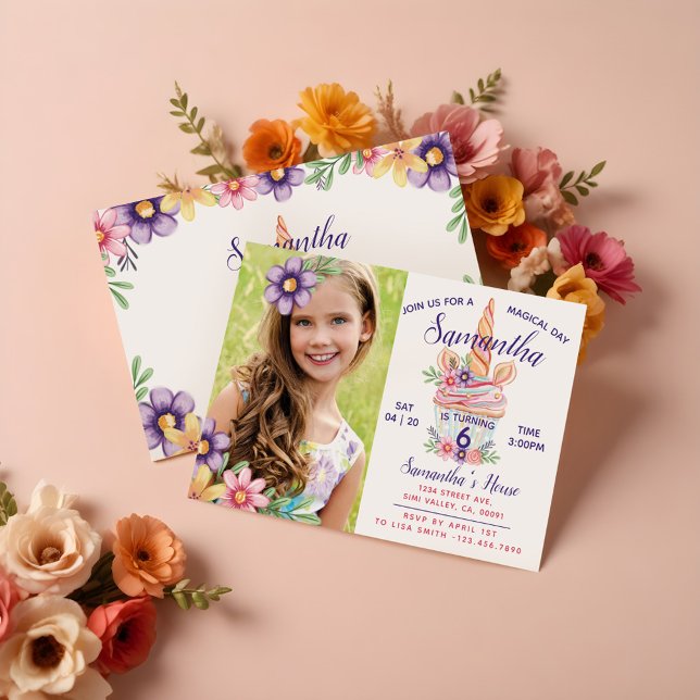 Invitación a la fiesta de cumpleaños de Unicorn Cu (Unicorn Cupcake Photo Birthday Party Invitation)