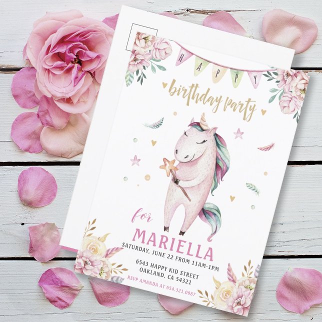 Invitación a la fiesta de cumpleaños de Unicorn Ma (CUTE GIRLY PINK UNICORN GIRLS BIRTHDAY PARTY INVITATION POSTCARD
)