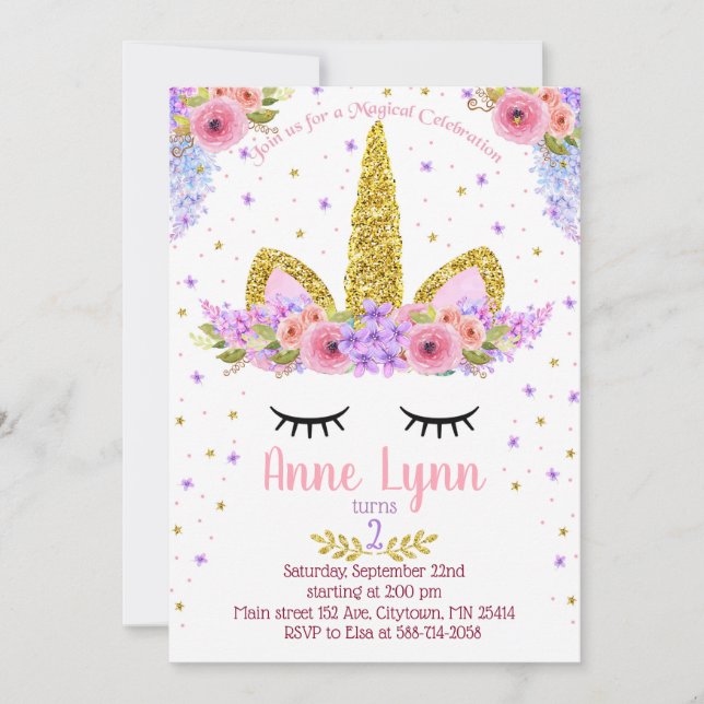 Invitación a la fiesta de cumpleaños de Unicornio  (Anverso)