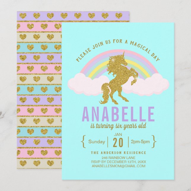 Invitación a la fiesta de cumpleaños de Unicornio  (Anverso / Reverso)